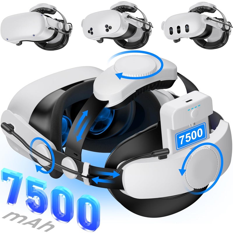 Kawaye حزام رأس لجهاز Meta Quest 3S/3/2 مع بطاريات قابلة للتبديل بسعة 7500mAh لوقت لعب من 3-4 ساعات، حزام رأس VR قابل للتعديل مع مقبضين ودعم كبير معزز للراحة للألعاب - MQ2004 - Image 1
